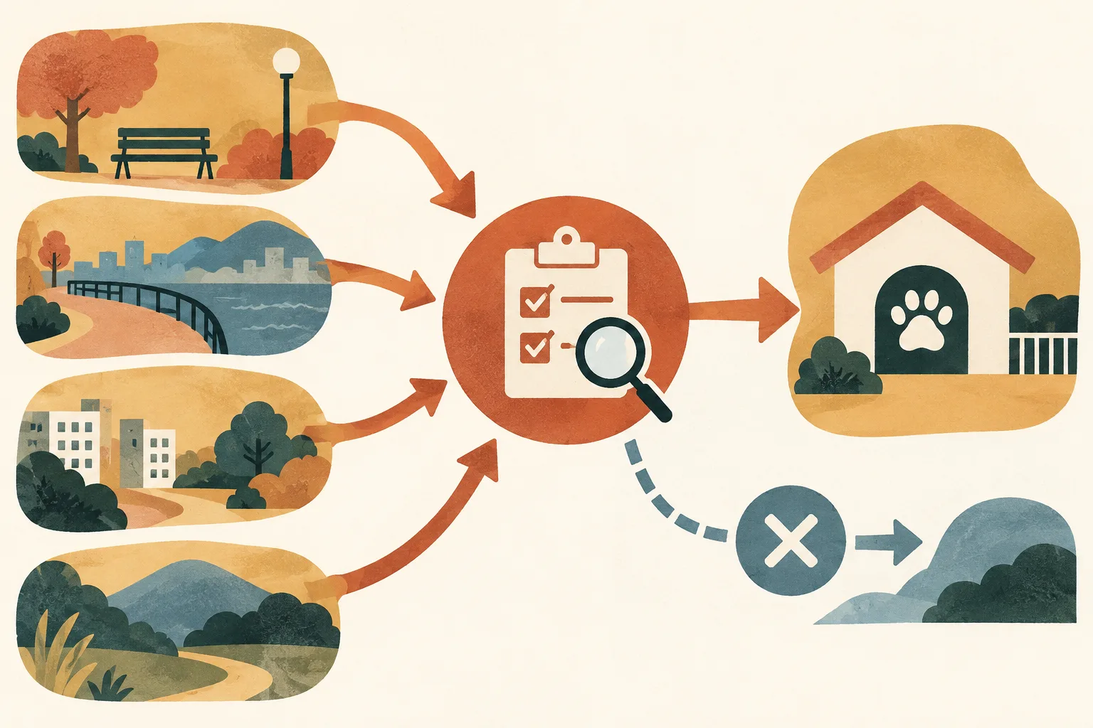 An abstract process diagram connects several simple public-space markers to an observation and assessment node, then to a separate conditional animal-welfare pathway, in terracotta, ochre, cream and slate blue.