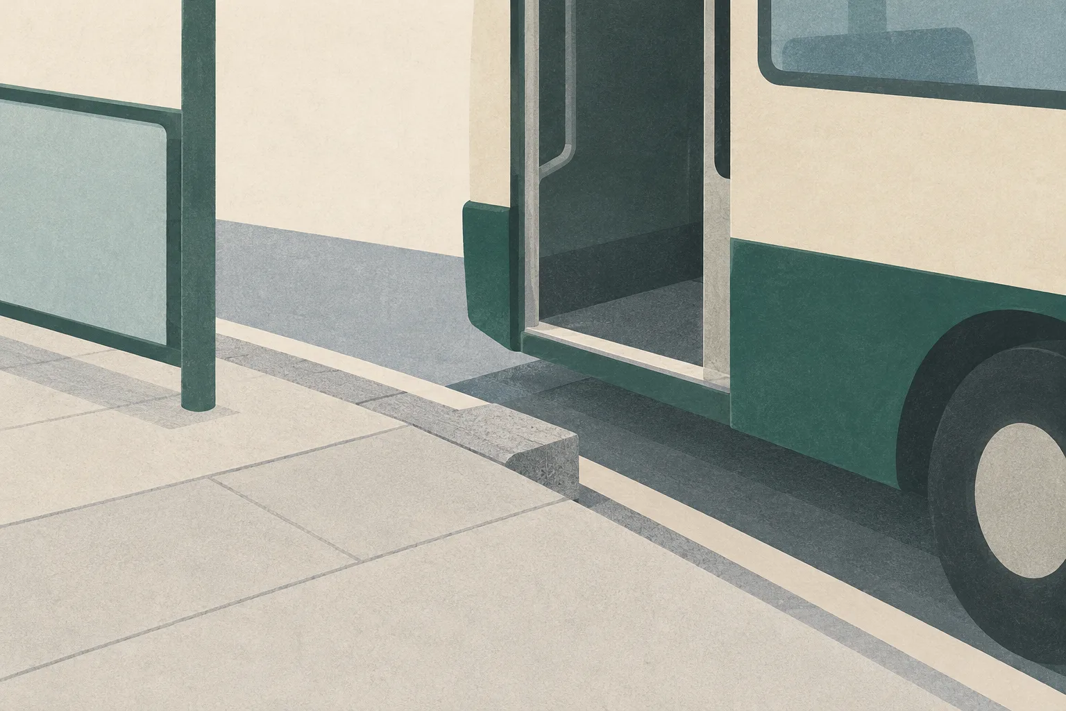 A minimal minibus side panel meets an abstract curb and boarding edge, with a small break in the path on a soft green and cream ground.