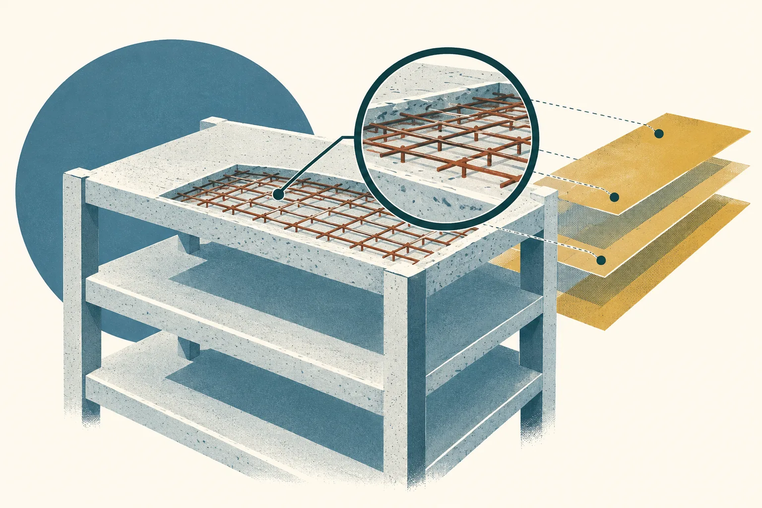 A schematic floor-slab grid sits inside a simple architectural outline, framed by a separate inspection shape and layered extension bands on a cream background.