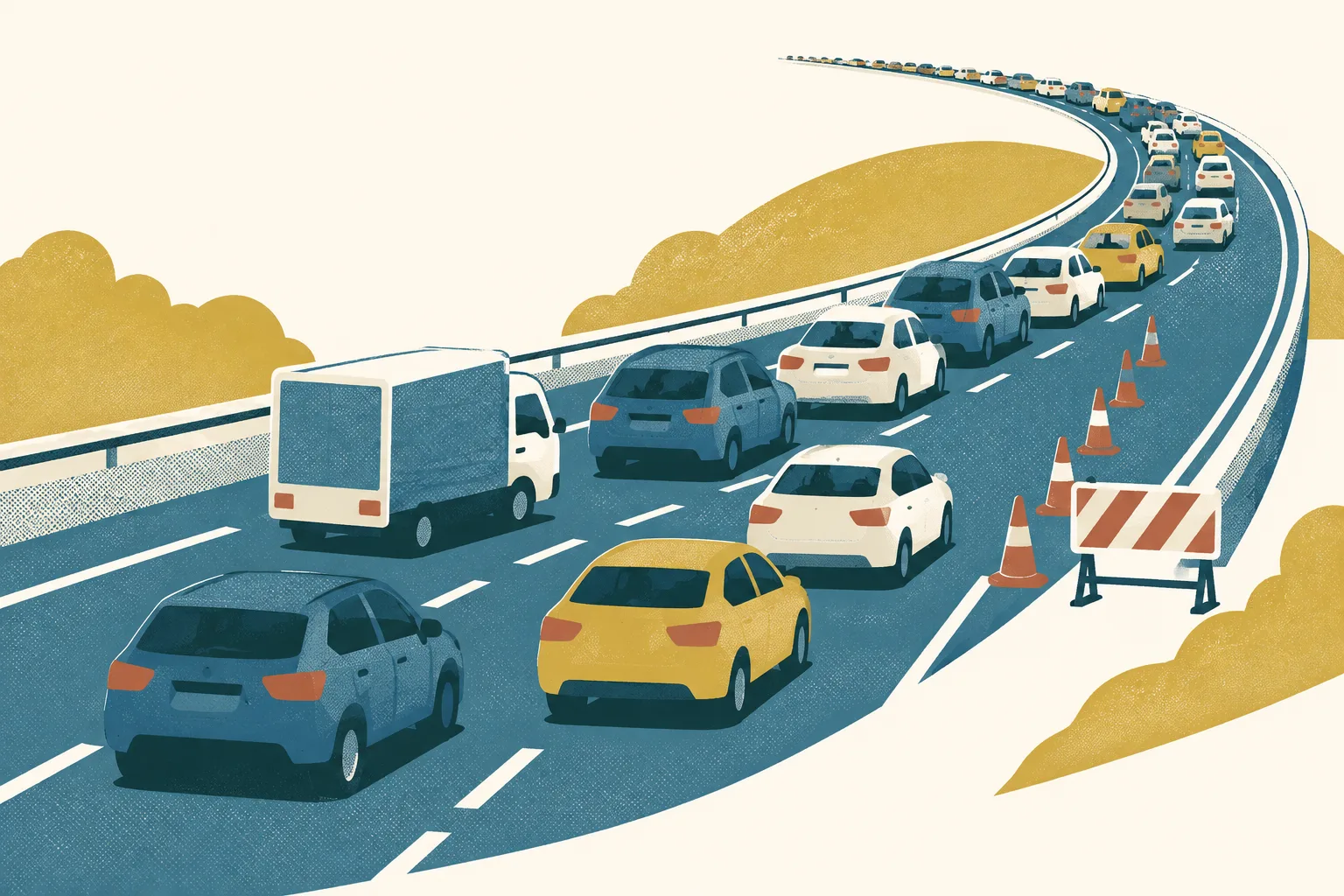 An abstract road ribbon carries a long line of small cars, with a light goods vehicle and a short interrupted lane segment, in a cream, mineral-blue, ochre and rust screen-print palette.