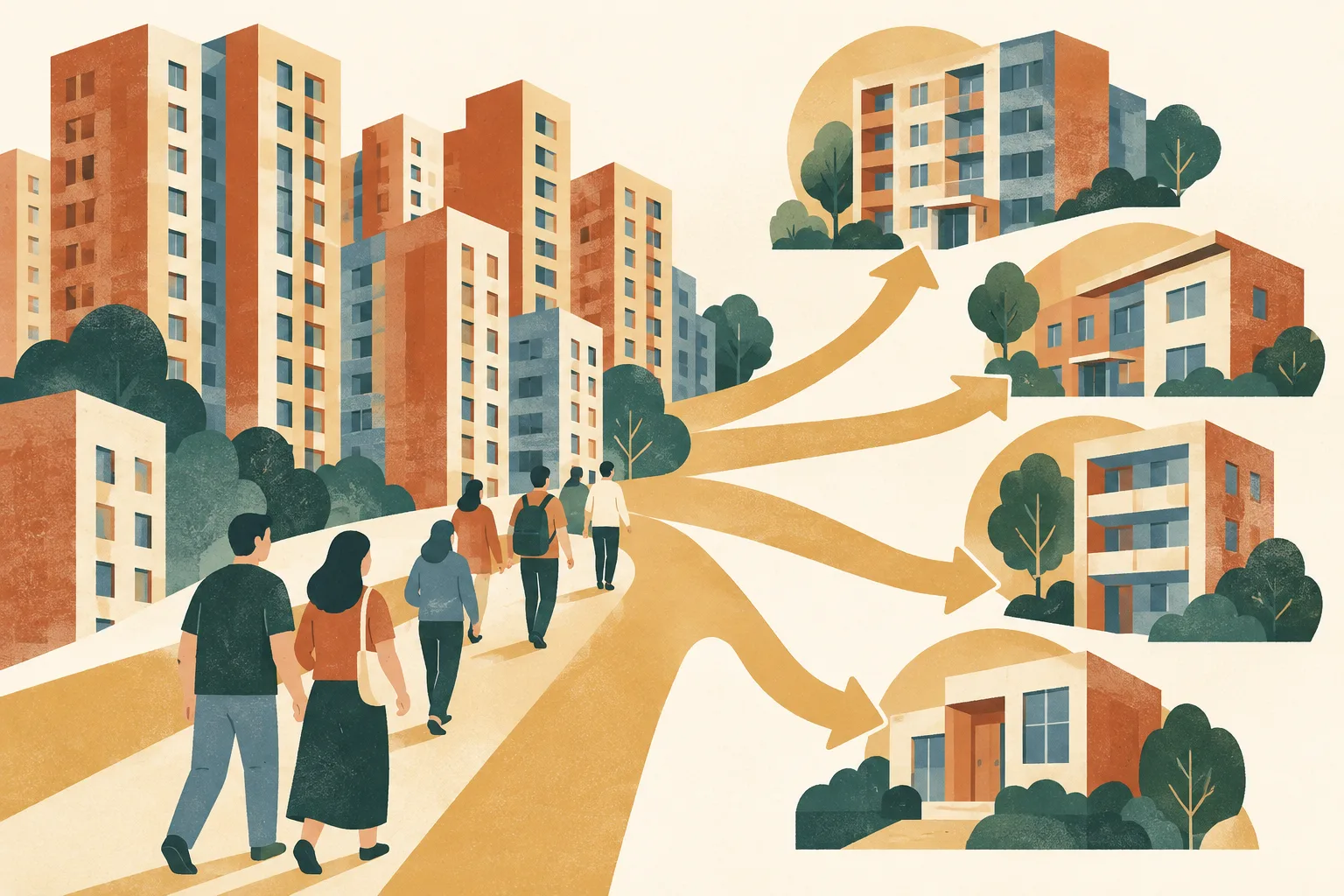 Layered apartment-block shapes are connected by open pathways to several smaller housing forms on a warm cream background.