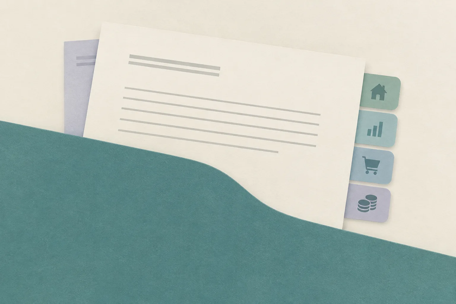 A plain order sheet with four small tabs rests beneath a muted teal overlay on a pale cream background.