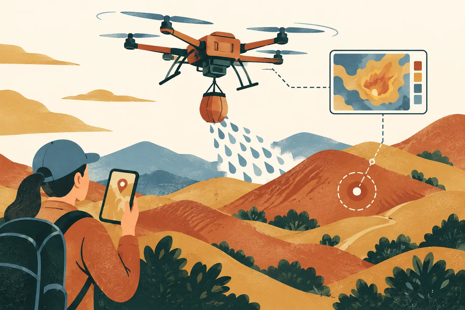 A simplified drone releases stylised water drops above layered, abstract hillside contours, alongside small locator and coordination symbols.