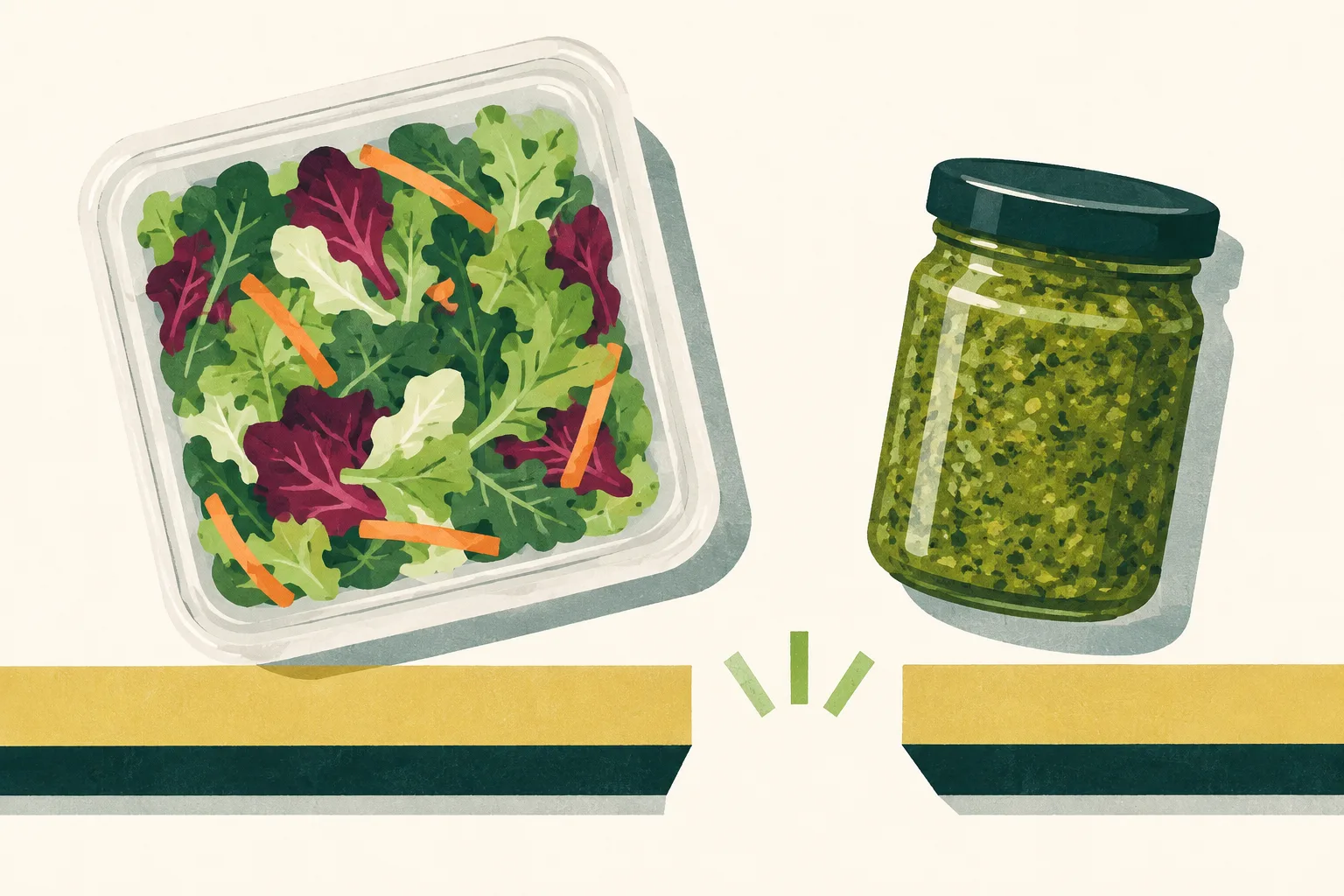 A plain salad container and pesto jar sit apart on a light surface, beside a geometric shelf band with a gap.