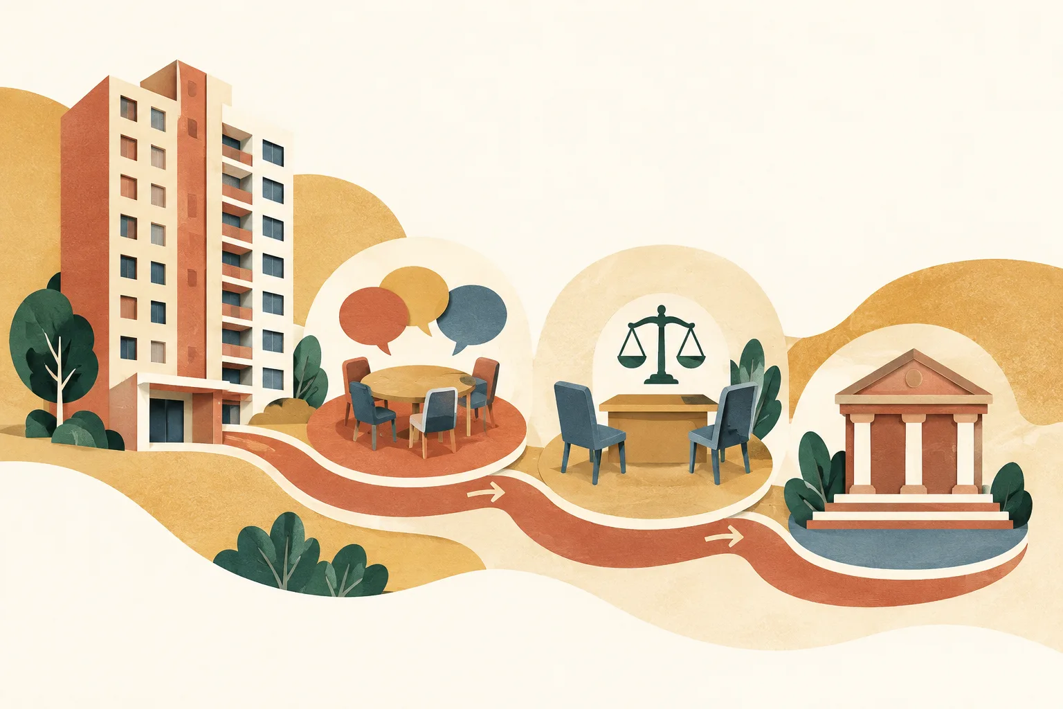 Layered terracotta and ochre shapes connect a generic apartment block to three simple civic spaces in sequence, on a light cream background.