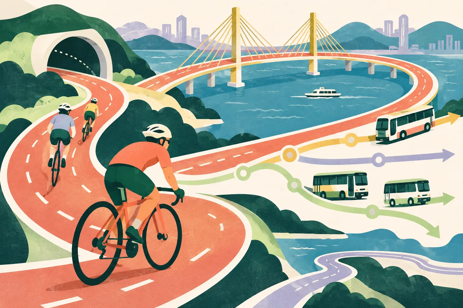An abstract cycling loop passes through simple tunnel and bridge shapes, alongside smaller branching transit lines on a light background.