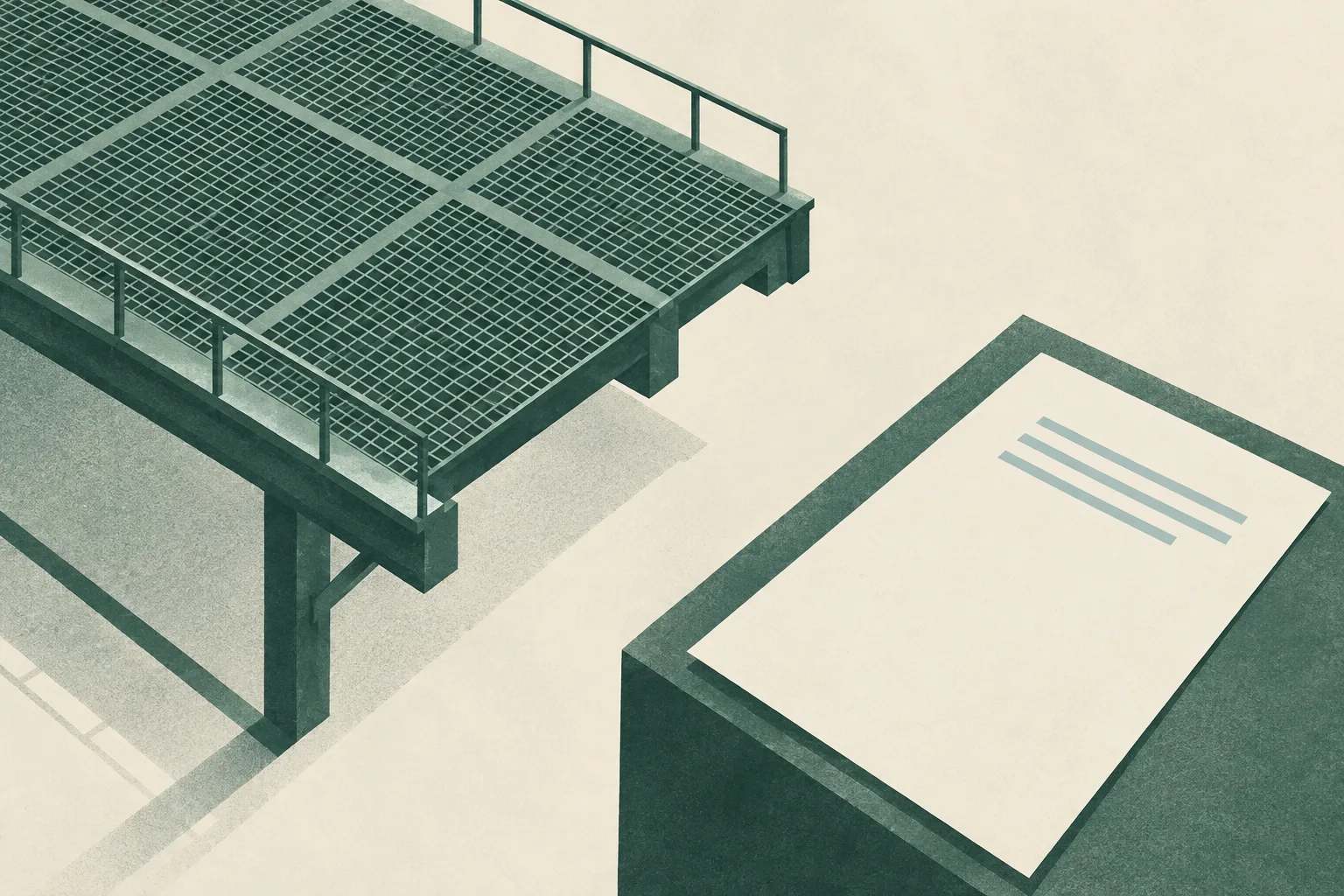 A muted teal abstract steel grid ends beside an open gap and a plain cream document shape on a soft green ground.