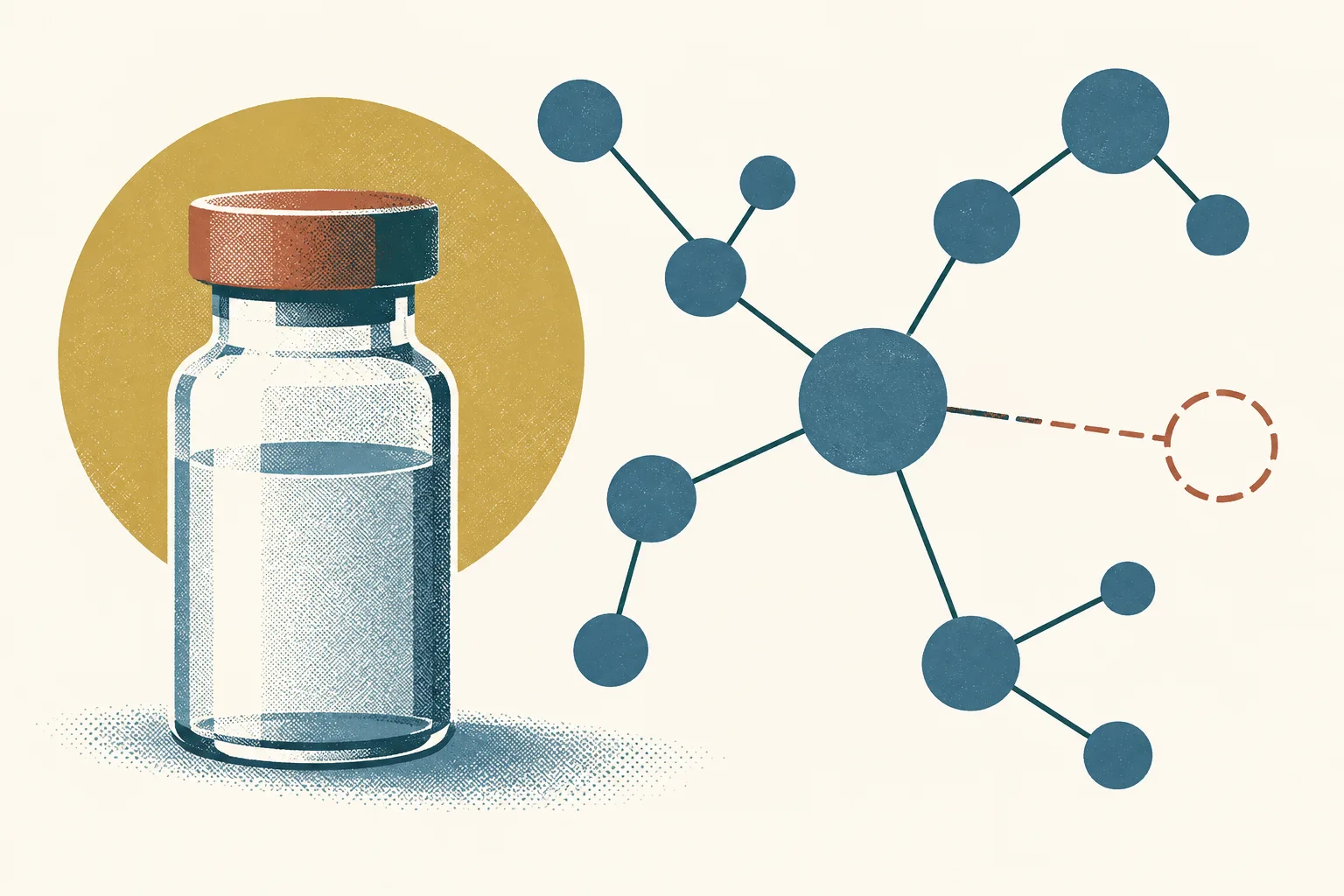 A plain vaccine vial sits beside a diagram of connected dots, with one line ending at an unfilled node.