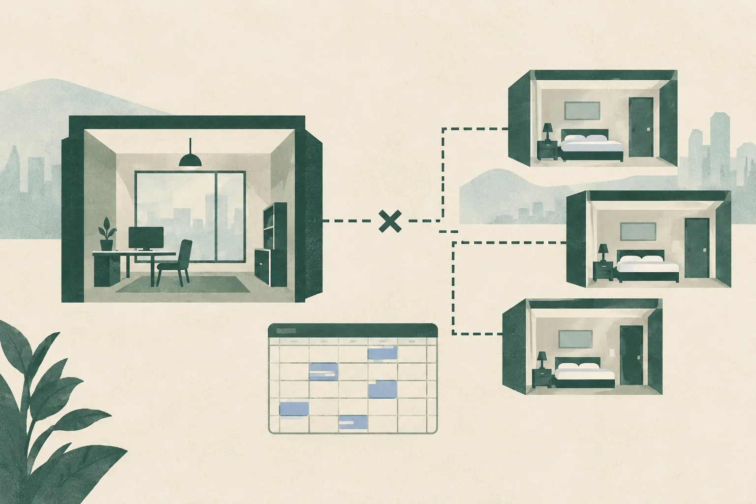 Sparse abstract illustration of generic room outlines and a small appointment grid, separated by a broken line on a muted green and cream background.