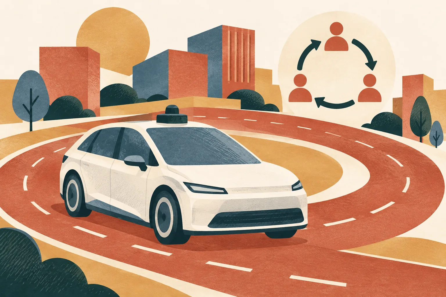 A simplified autonomous car follows a looping road between abstract town-centre blocks, beside a small feedback-loop symbol.