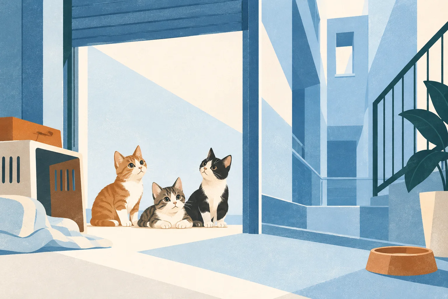 A light-blue cut-paper shop threshold and abstract airwell frame three small, calm kitten shapes in a bright open area.