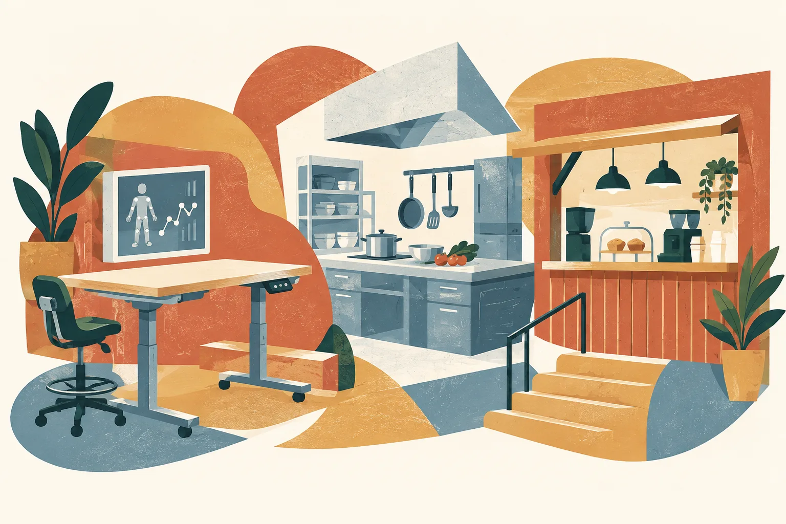 A cut-paper collage connects an adjustable worktable, a training kitchen counter, a small café serving area and an abstract rehabilitation technology panel.