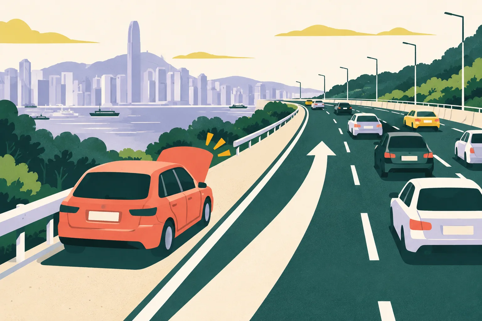 A simplified car sits beside an abstract highway route line, with a small coral shape at its front and open lanes continuing past it.