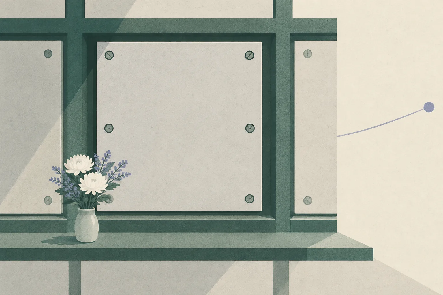 A simplified memorial niche with a closed panel and six small screw heads, set against a muted cream wall. A few understated flowers rest below, while a fine line trails into open space.