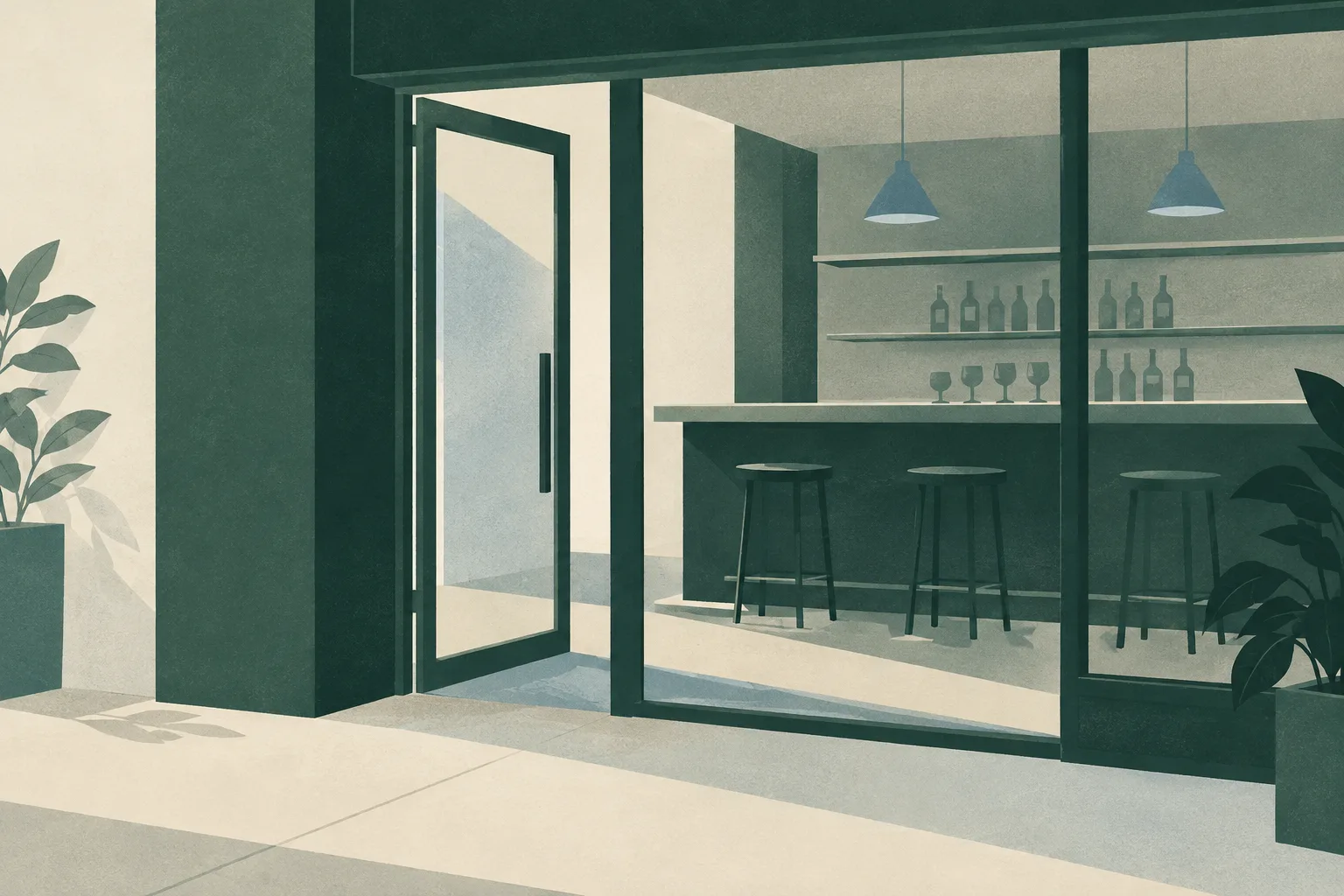 A sparse abstract illustration of an empty bar threshold formed from muted green and cream architectural planes, with one line subtly interrupted.