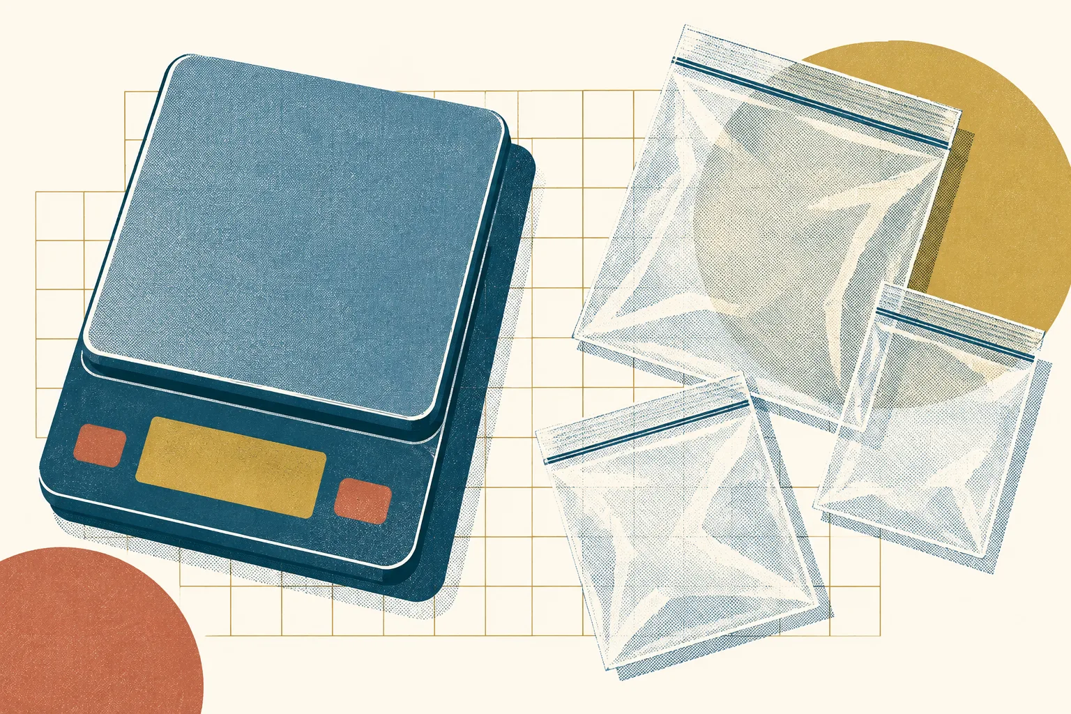 A simplified electronic scale and translucent plastic shapes sit on a pale measurement grid, rendered in petrol blue, ochre, and small rust accents.