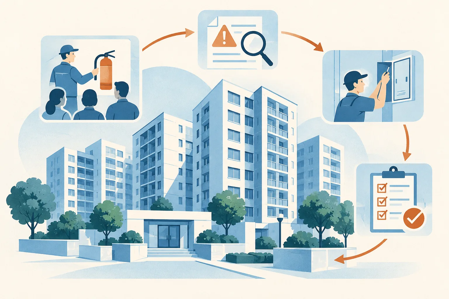 A cluster of simplified residential buildings is connected to small training and inspection cards by a clear looping line.