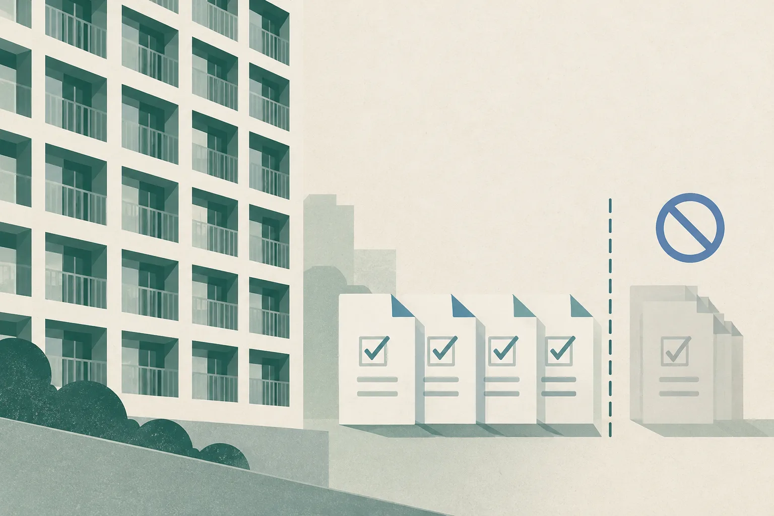 A subdued abstract grid of building units sits beside a neat stack of proxy-vote slips, with a simple boundary indicating a vote limit.