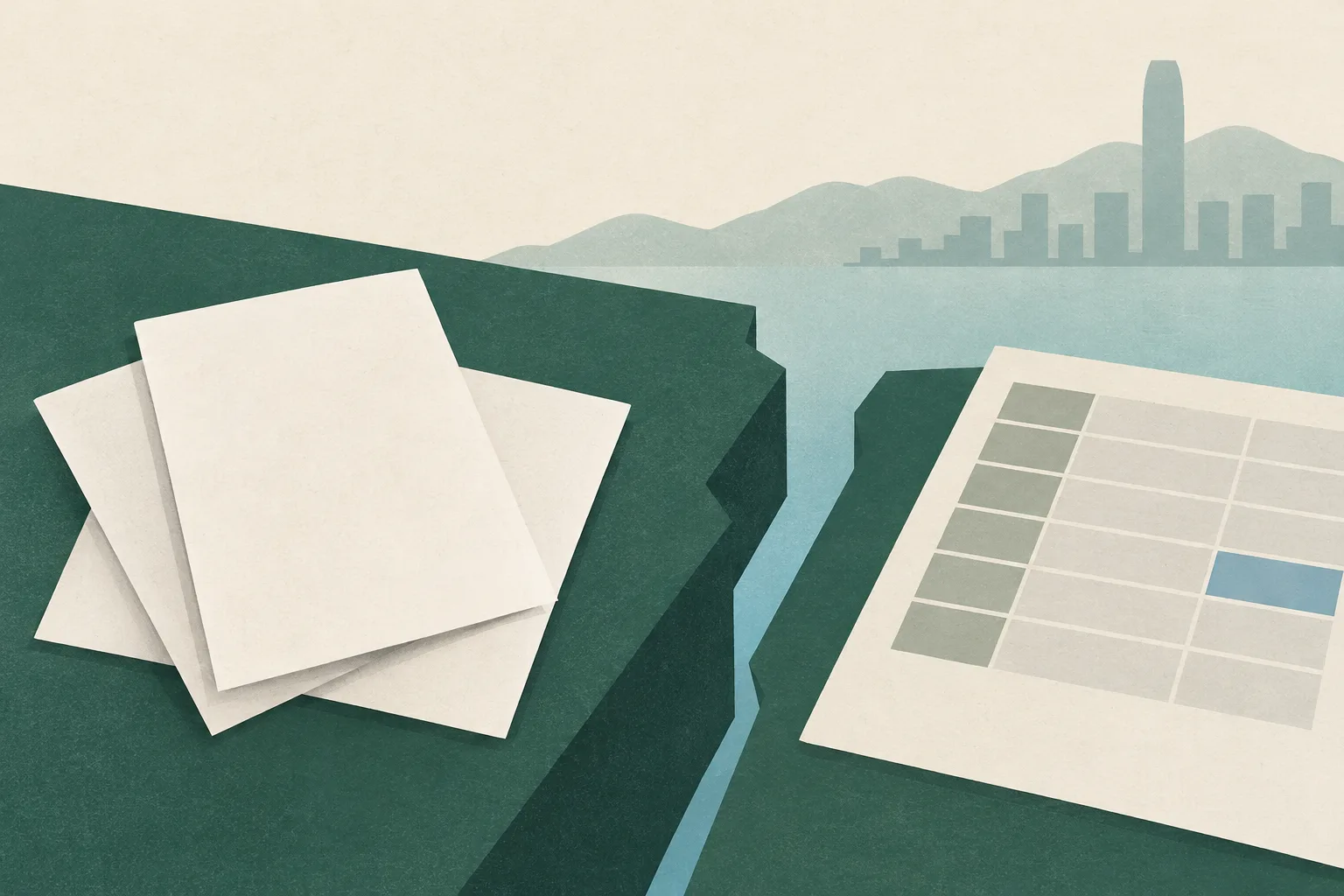 Blank cream paper rectangles sit apart from a sparse muted-teal grid, divided by a small break in the lines.