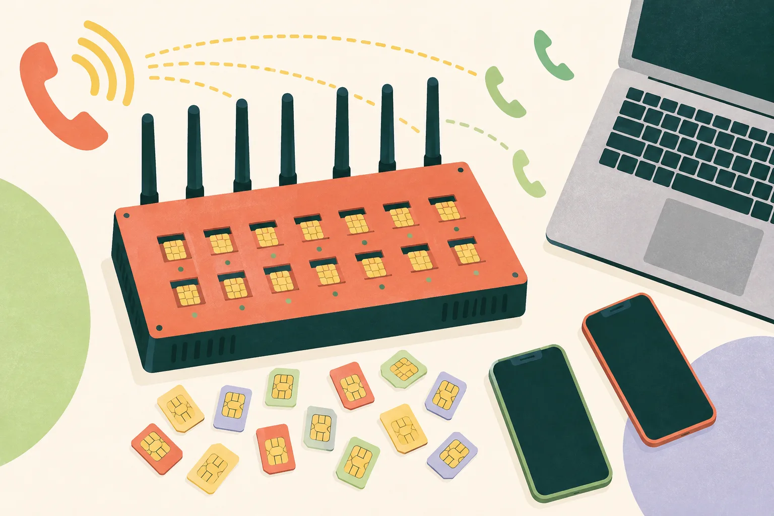 A top-down illustration of a multi-SIM modem, several SIM cards and a computer arranged in clean geometric shapes, with small call-pattern marks nearby.