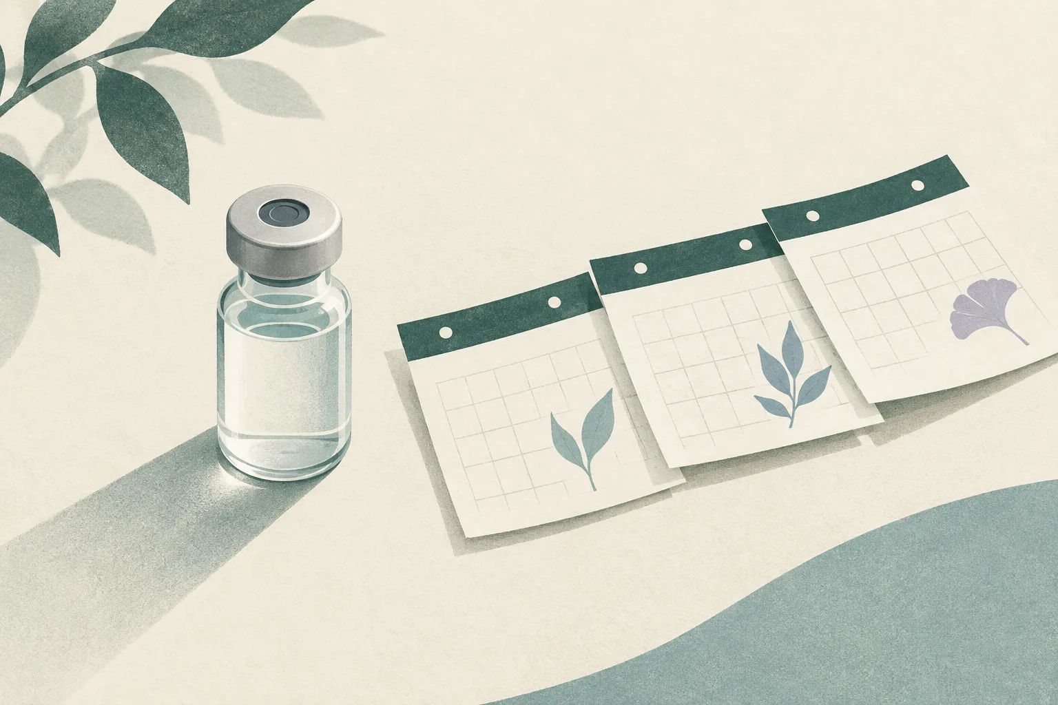An unlabelled vaccine vial beside a small curved sequence of calendar pages on a cream background.