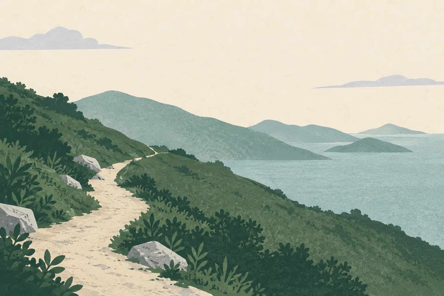 A muted, simplified hillside with an empty hiking trail fading into open space.