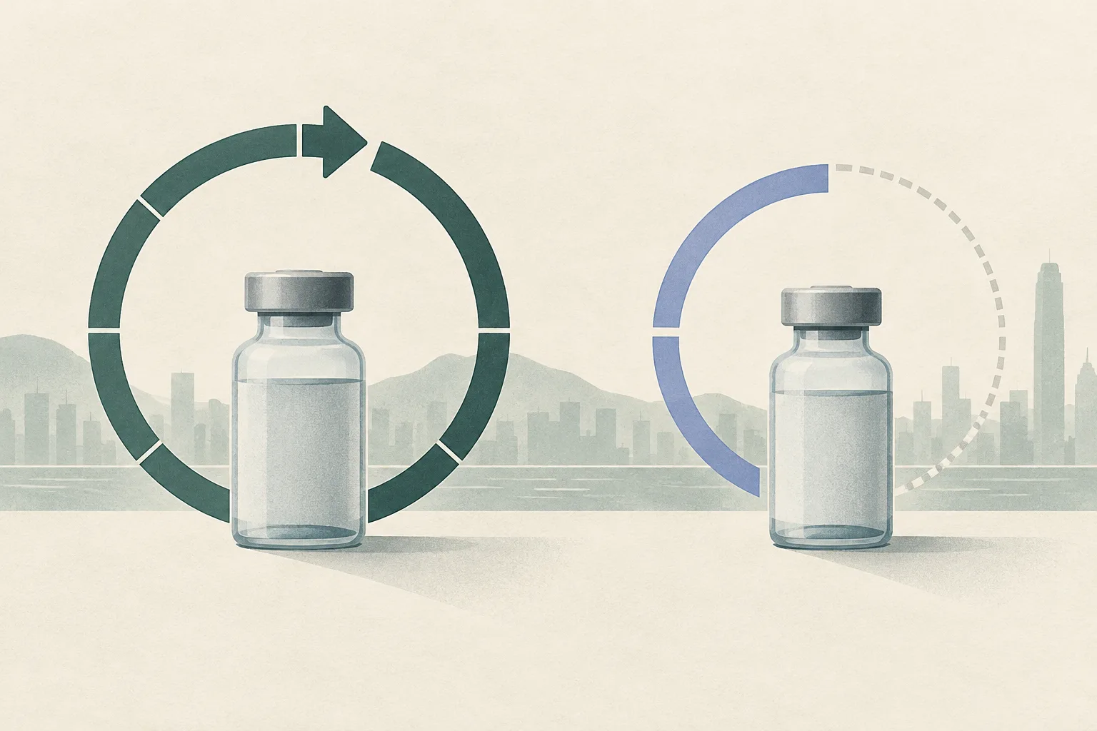 Two simple unlabelled vial shapes sit beside a pair of circular arcs, one extending around a full cycle and the other around half a cycle.