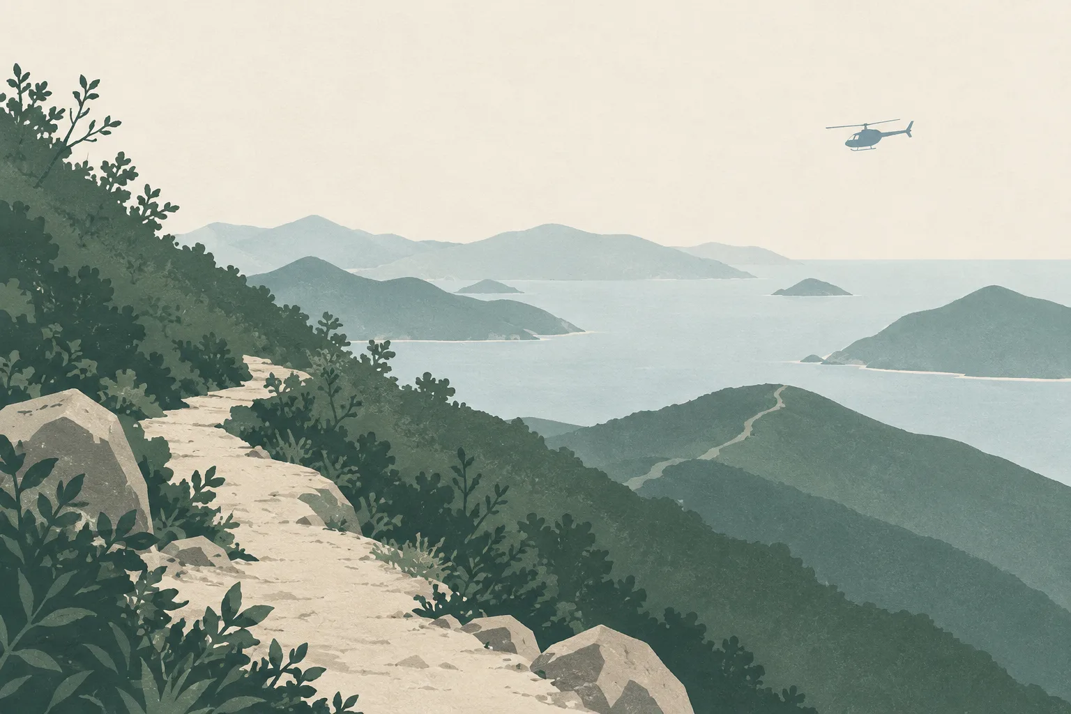 A muted hillside trail recedes through layered green and cream terrain, with a small helicopter far in the distance.