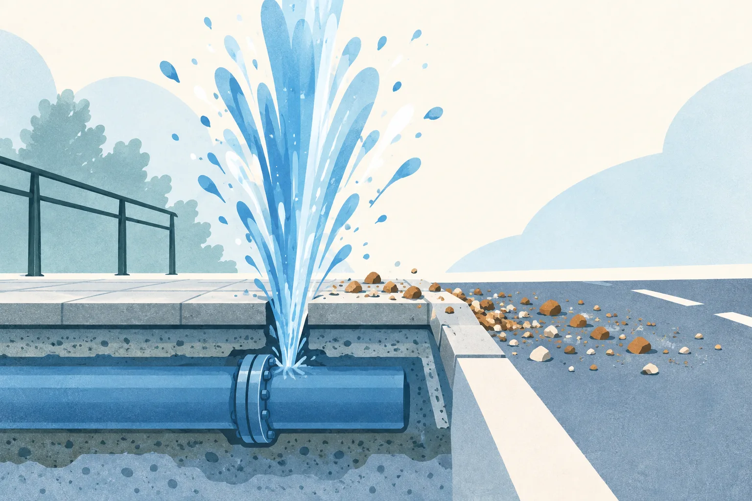 A light-blue diagram of a footpath and road edge, with a simple underground pipe sending an abstract plume upward and small gravel shapes scattered toward the road.