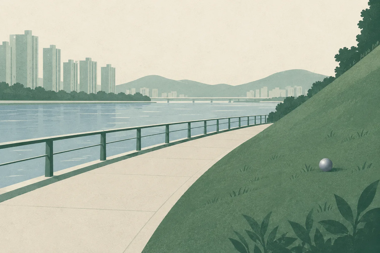 A quiet riverside path runs beside a simple slope, with a small steel-coloured sphere resting apart from the path.