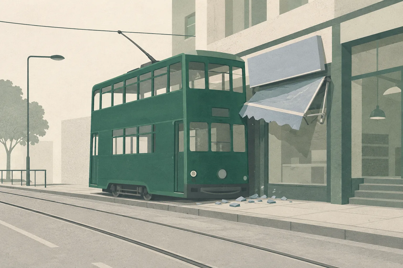 A simplified tram sits slightly off its track beside a generic shopfront, with the curb line separating the pavement from the roadway.