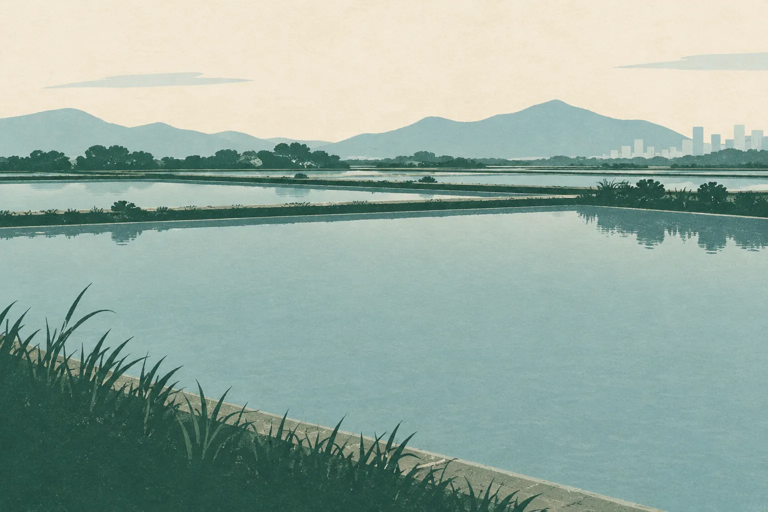 A still, muted fishpond seen from a distance, with a simple shoreline and no people or incident details.