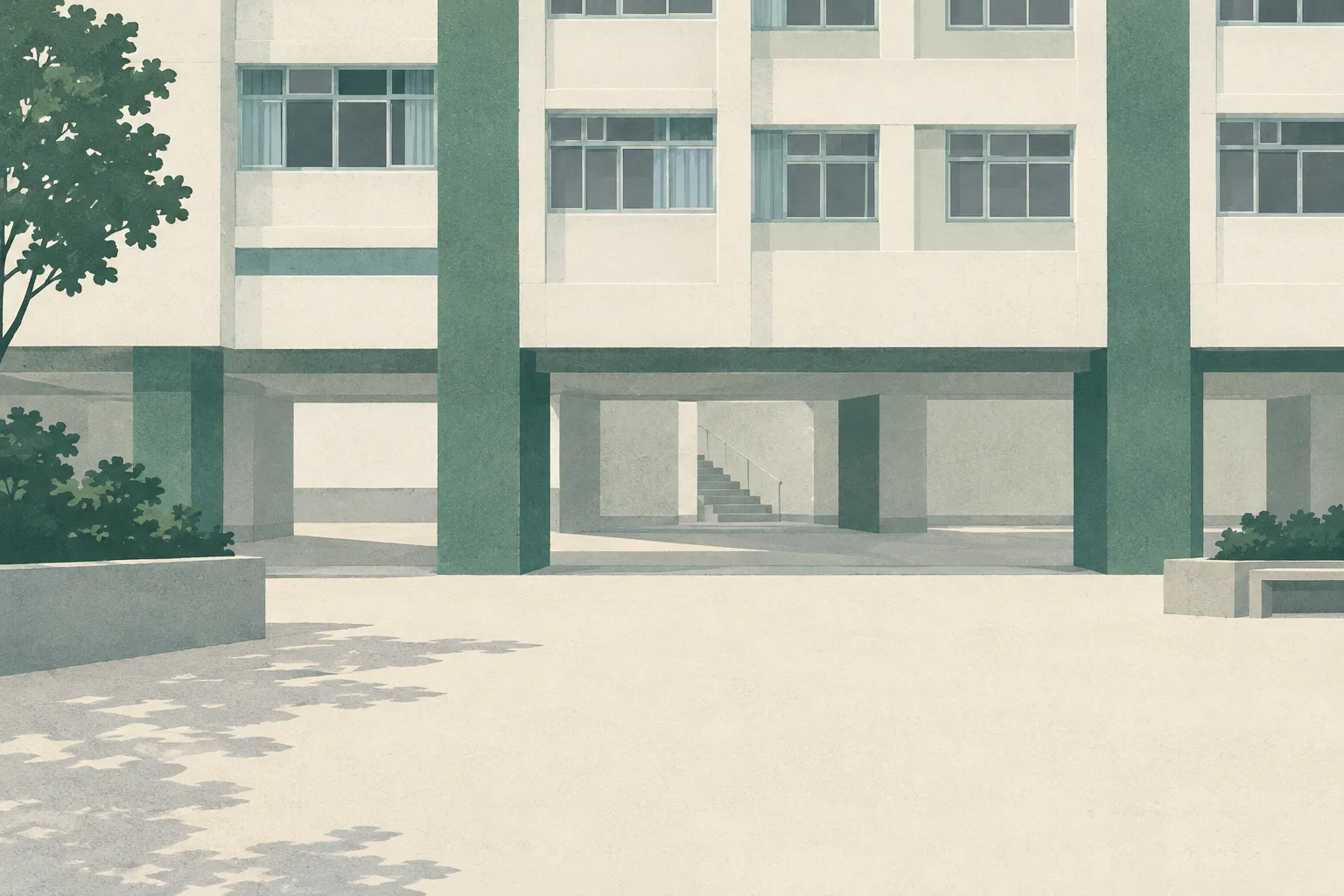 A simplified residential facade in muted teal and cream stands above an empty, softly defined ground-level plane, with ample open space.