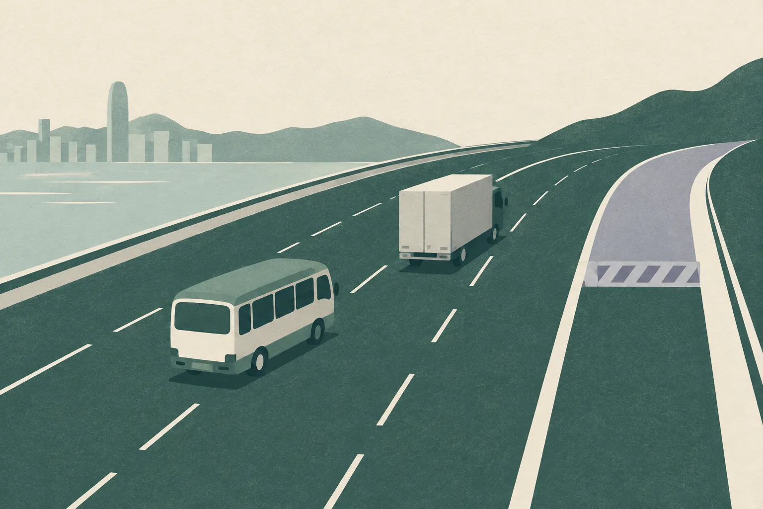 An abstract pale road diagram shows a simplified minibus and truck separated by open space, with one lane ending in a quiet visual pause.