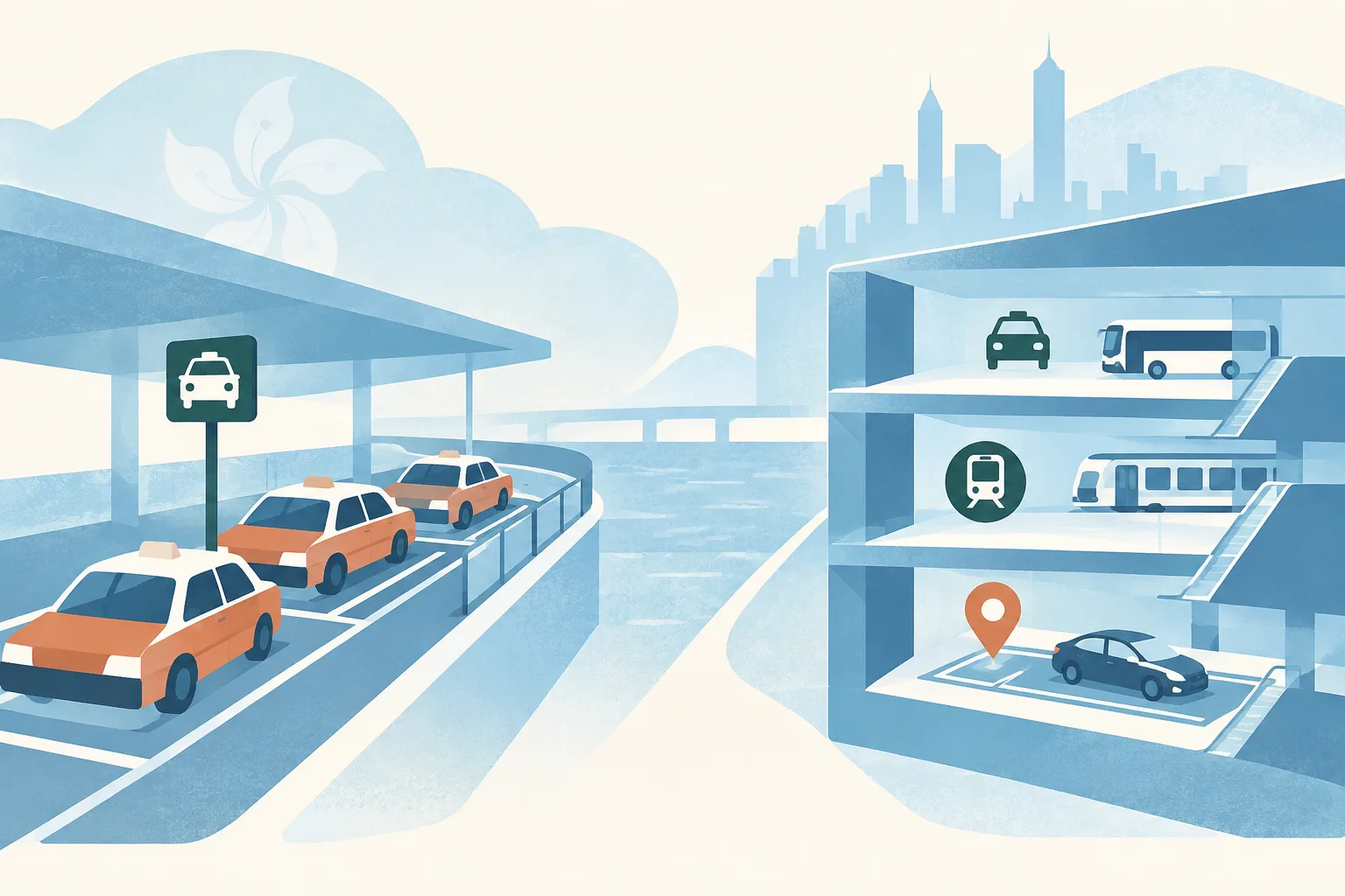 An abstract port-interchange diagram contrasts a reserved taxi bay with a separate stacked transit zone, where a location marker highlights a ride-hailing pick-up point on the lowest level.