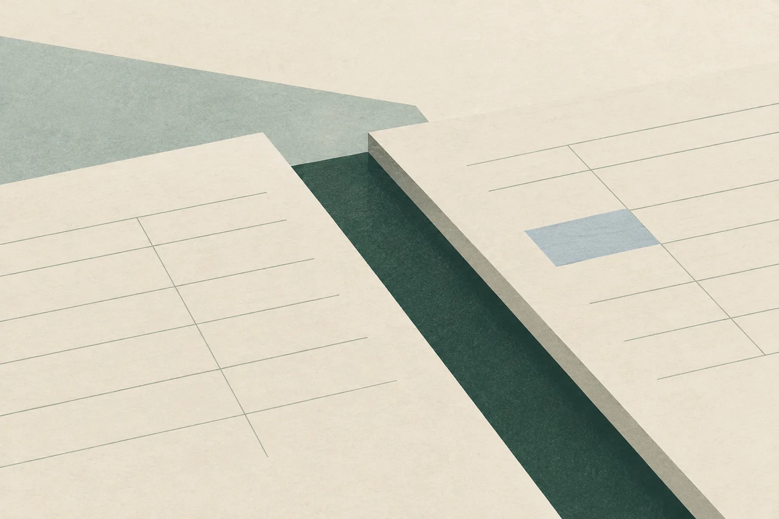 Overlapping cream paper-like planes with faint ruled divisions and a narrow gap, arranged against a muted green background.