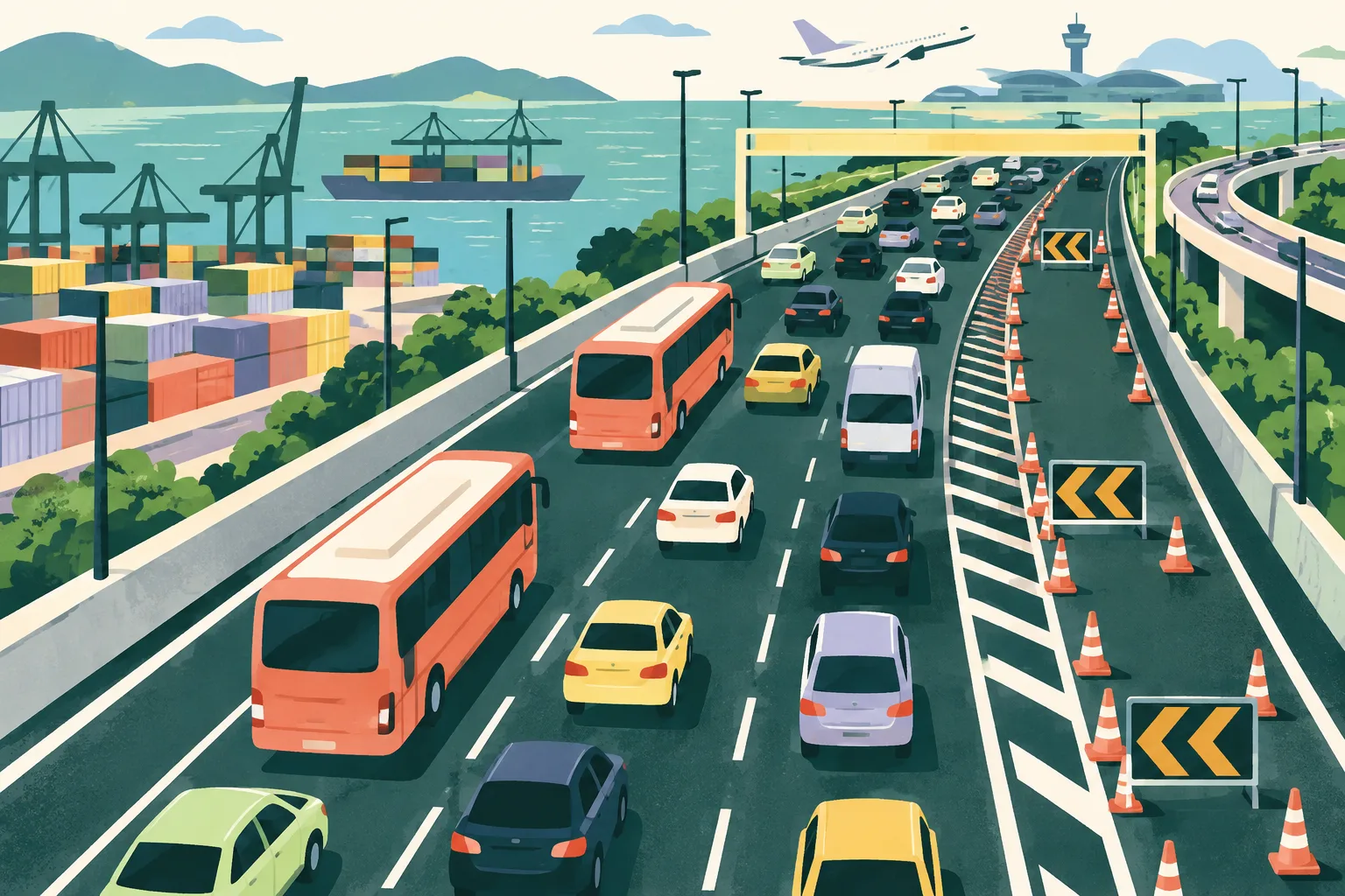 A top-down illustration of a multi-lane road ribbon, with three simple buses and a van moving through open lanes beside a short interrupted lane, in bright cut-paper colours.