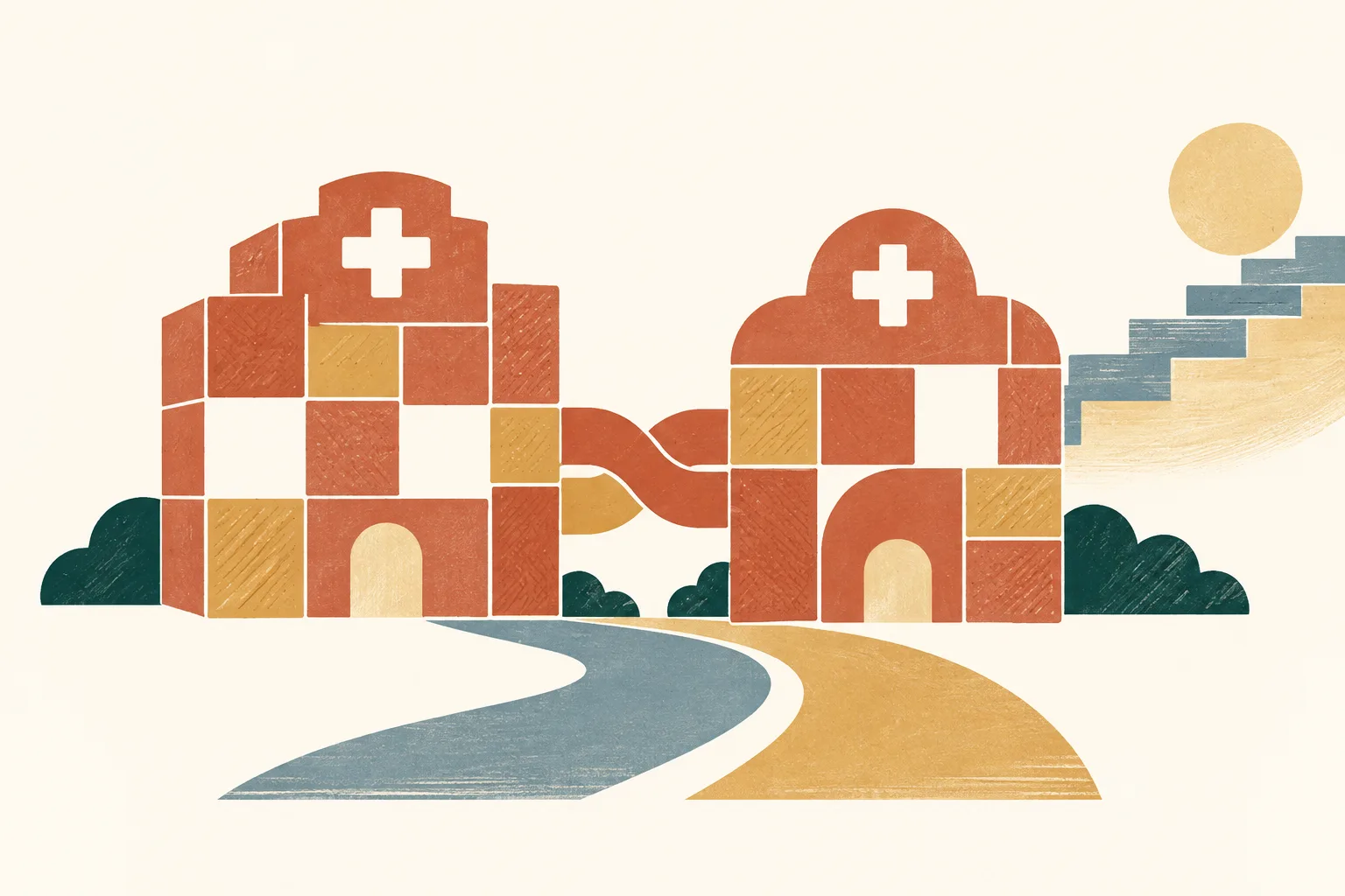 Two linked abstract healthcare-system forms are built from terracotta, ochre, cream and slate-blue tiles. Small gaps appear in both groups, beside a sequence of stepped blocks.