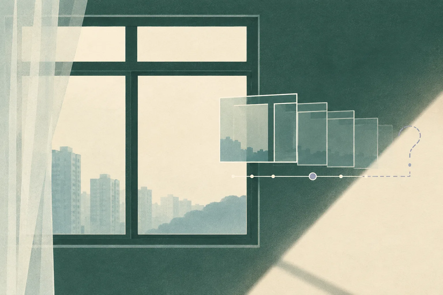 A muted green-and-cream abstract arrangement of window-like frames, with a small break in the lines and open space around them.
