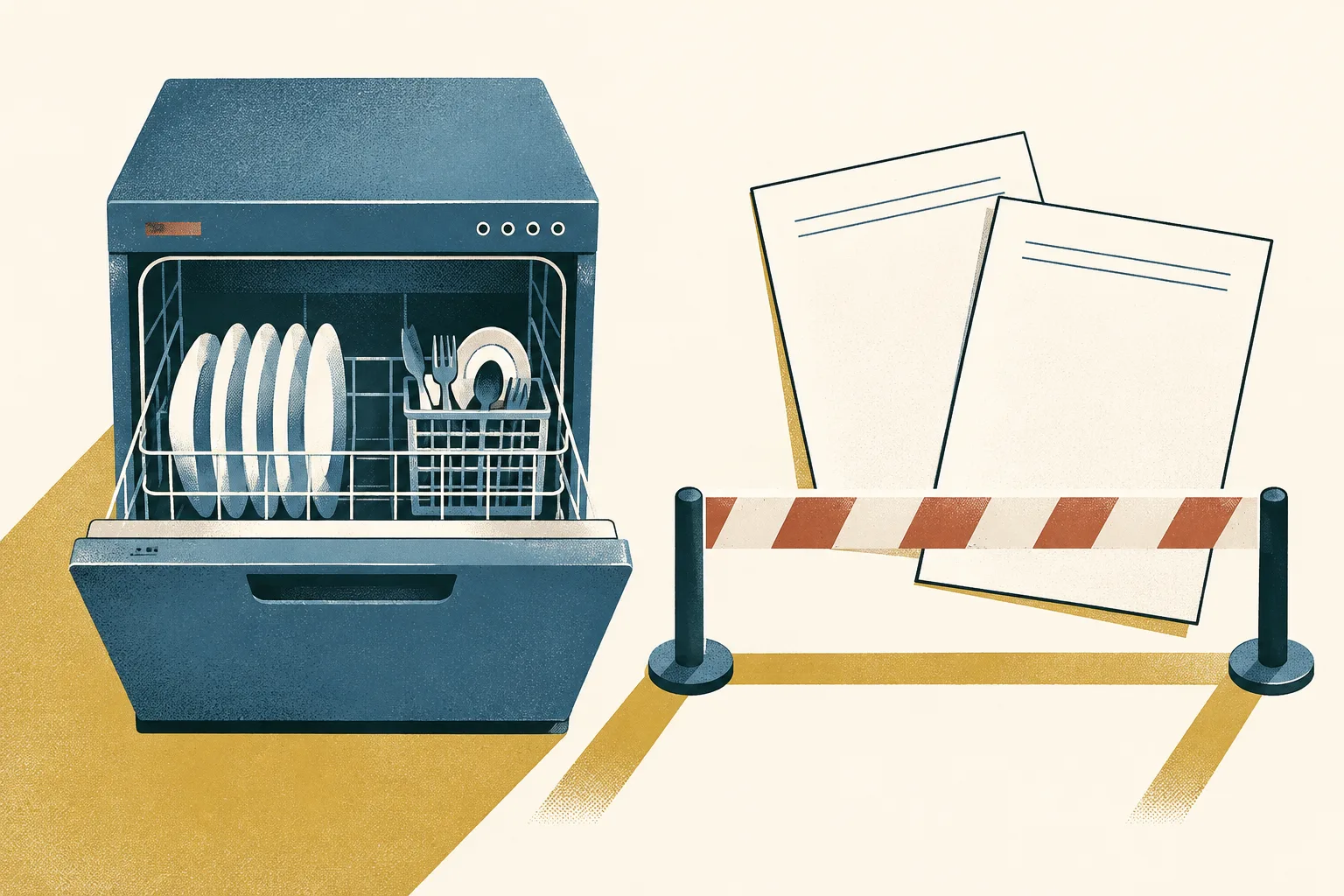 A generic dishwasher sits beside two blank application sheets, which stop at a simple dividing line, on a light cream background.
