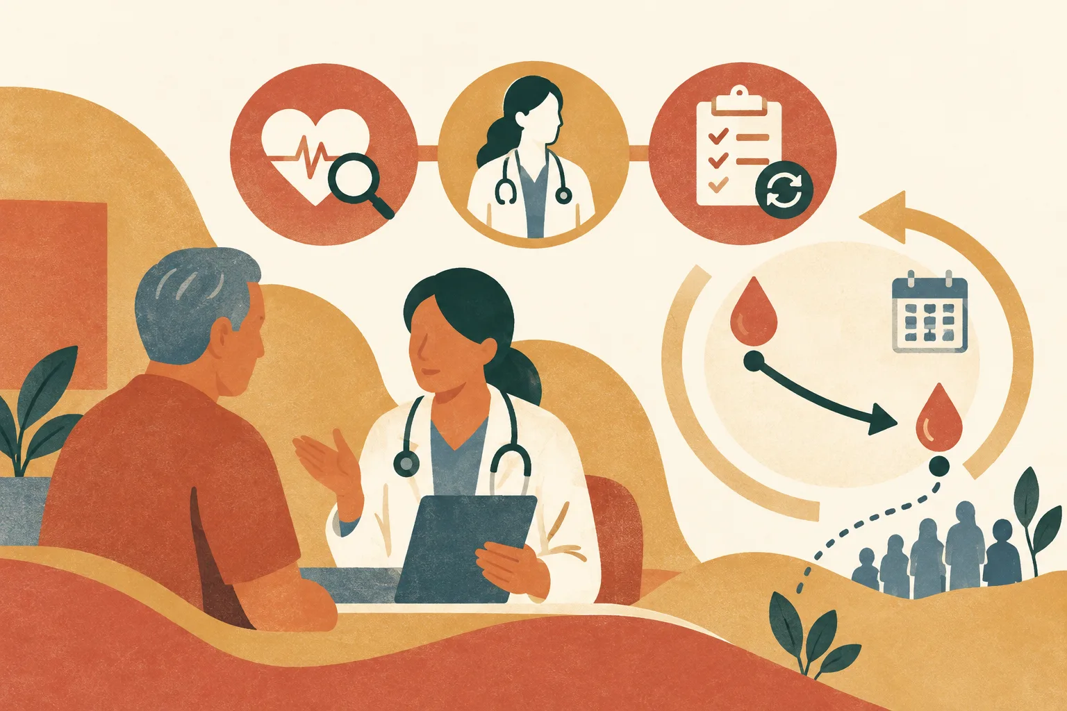 Layered terracotta and ochre shapes form an abstract primary-care diagram, with linked screening, care and follow-up circles beside a gently descending line on a one-year loop.