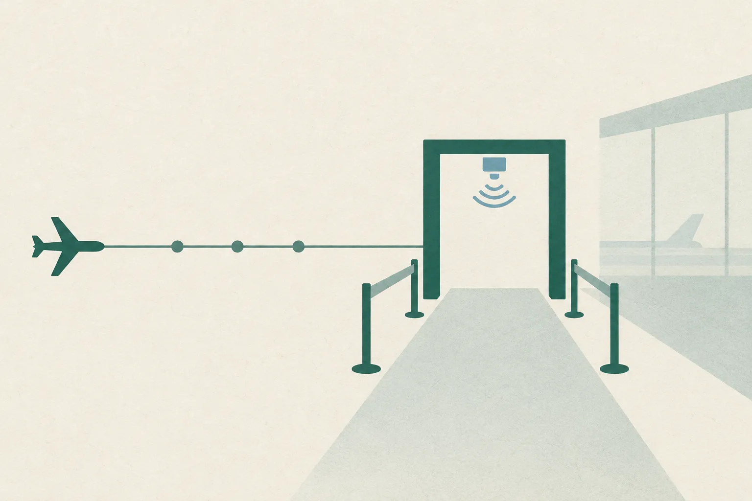 A thin line approaches a simple airport-gate outline beside a small temperature-check symbol on a pale green and cream field.