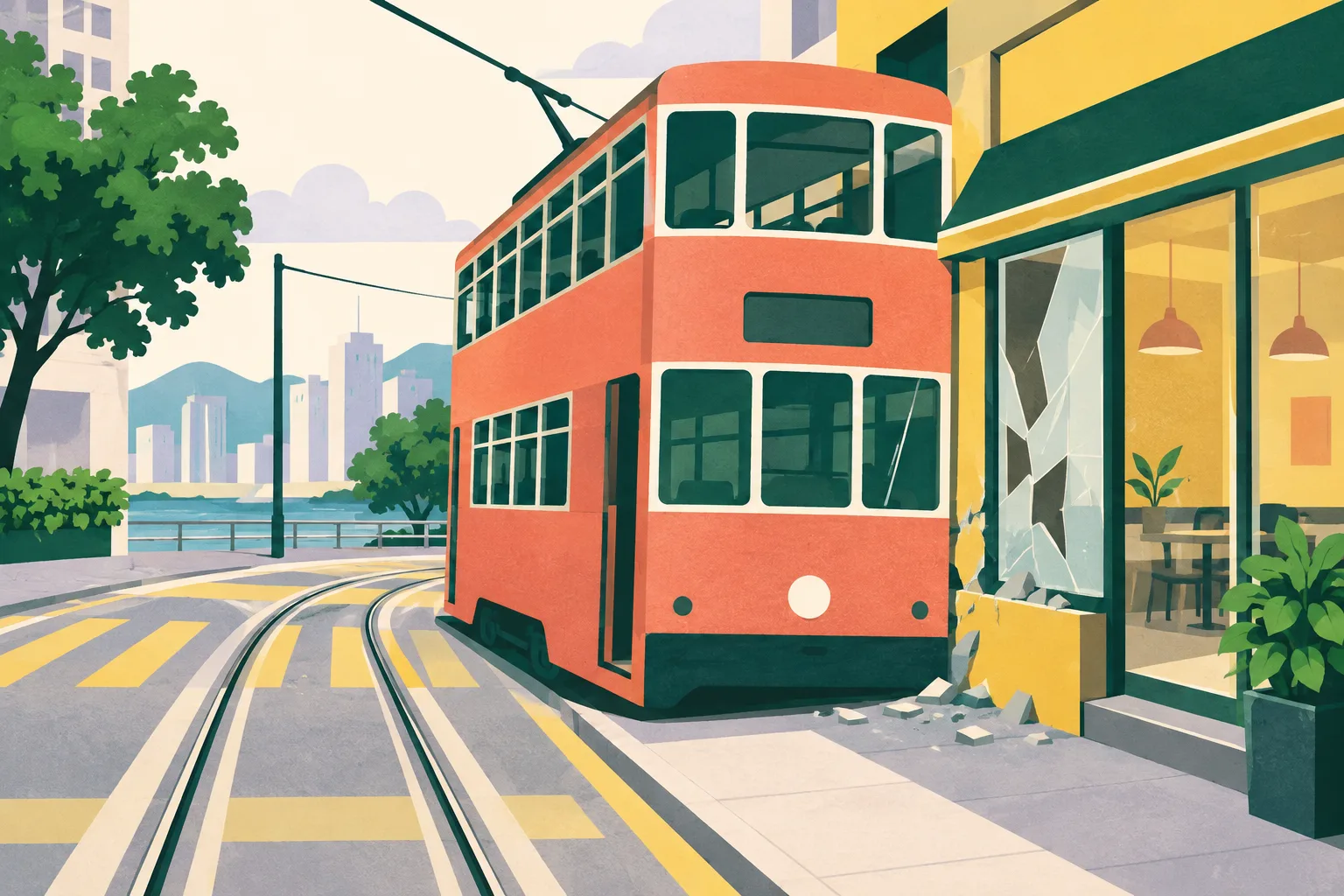 A simplified tram sits just beyond a short track section beside a generic restaurant frontage, shown in clean cut-paper shapes with coral, blue and ochre accents.