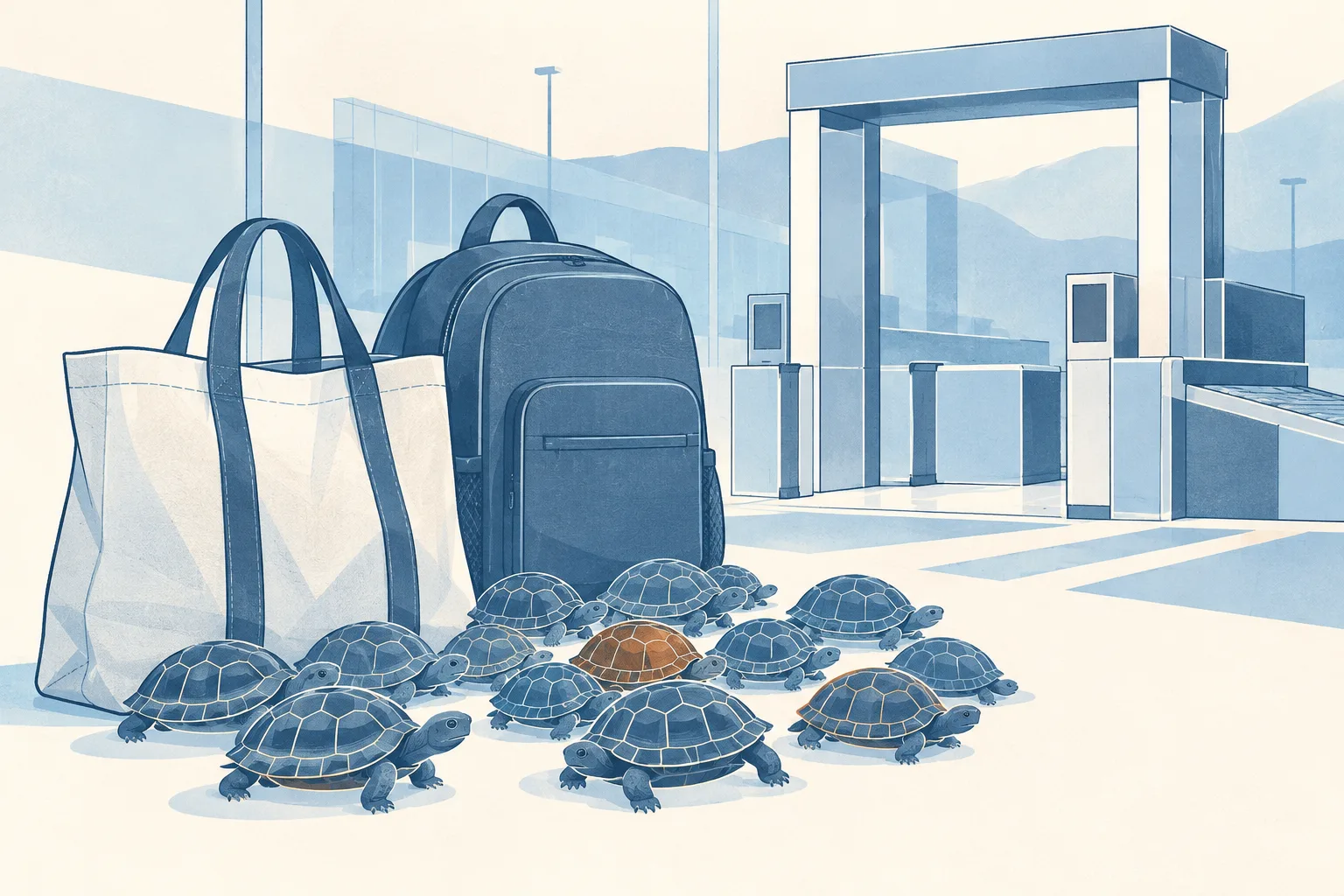 A reusable bag and a backpack sit beside an abstract crossing threshold, with small rounded shell-pattern shapes arranged nearby on a cream ground.