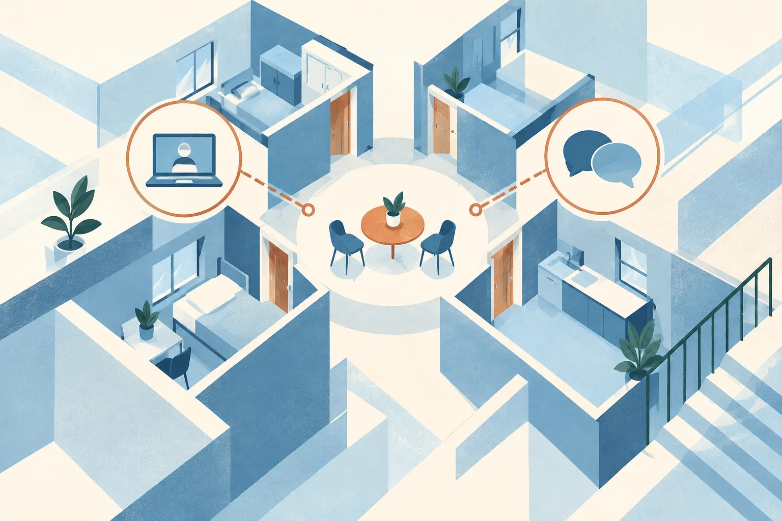 A generic partitioned housing plan in mineral blue and cream opens toward a shared central space, with small geometric nodes connected to suggest online and in-person mediation options.