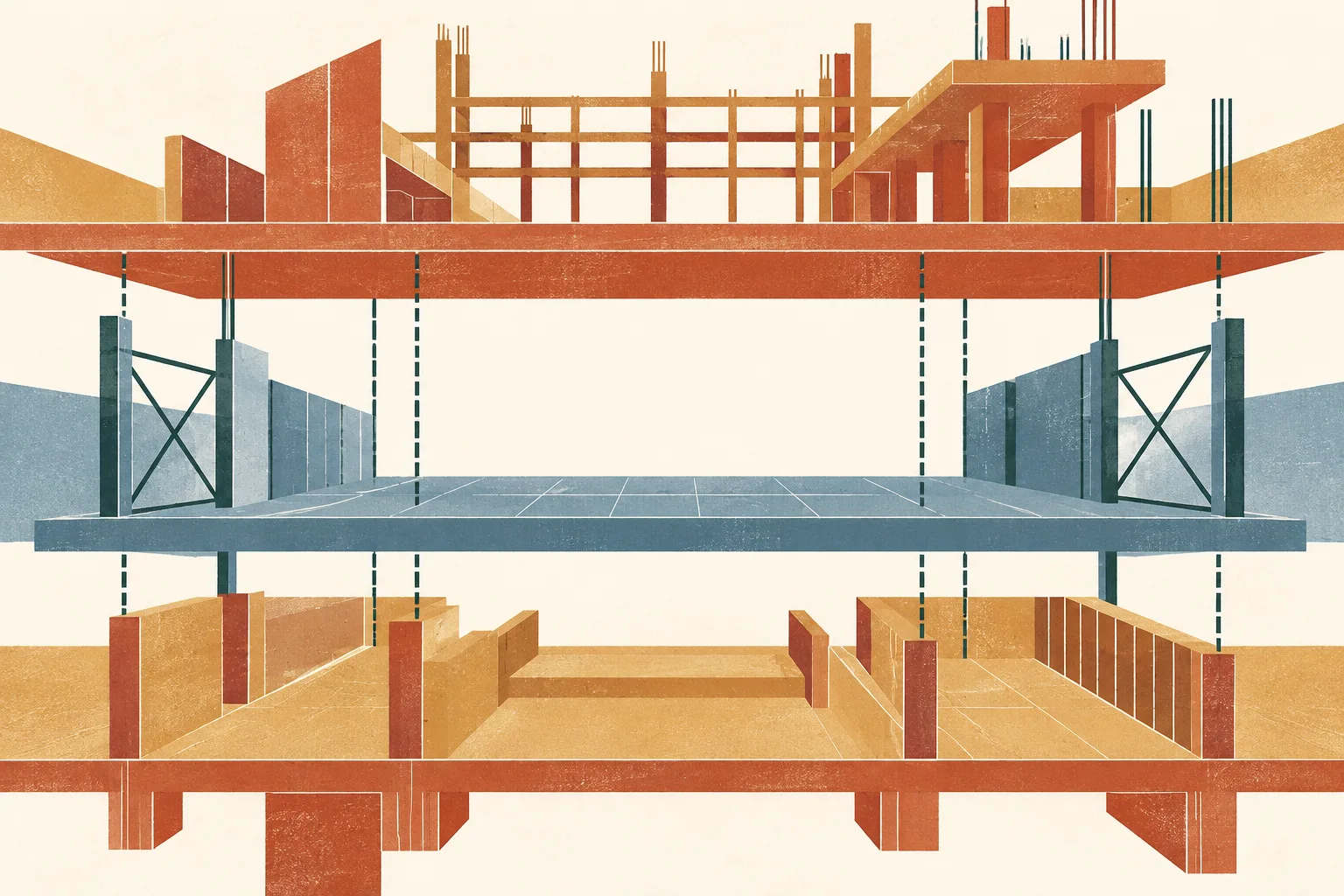 Layered terracotta, ochre, cream and slate-blue geometric forms create a generic engineering grid, with three aligned bands around an open central space.