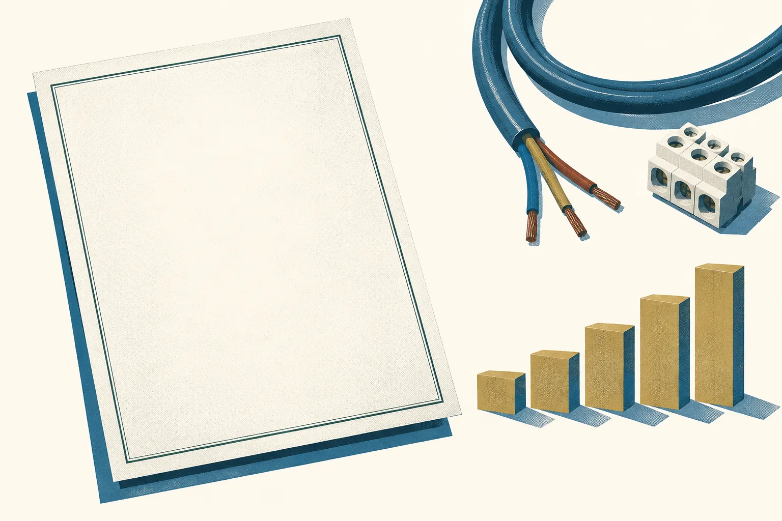 A blank certificate sheet lies beside a generic electrical cable and connector, with five small ascending blocks nearby, on a light cream surface.