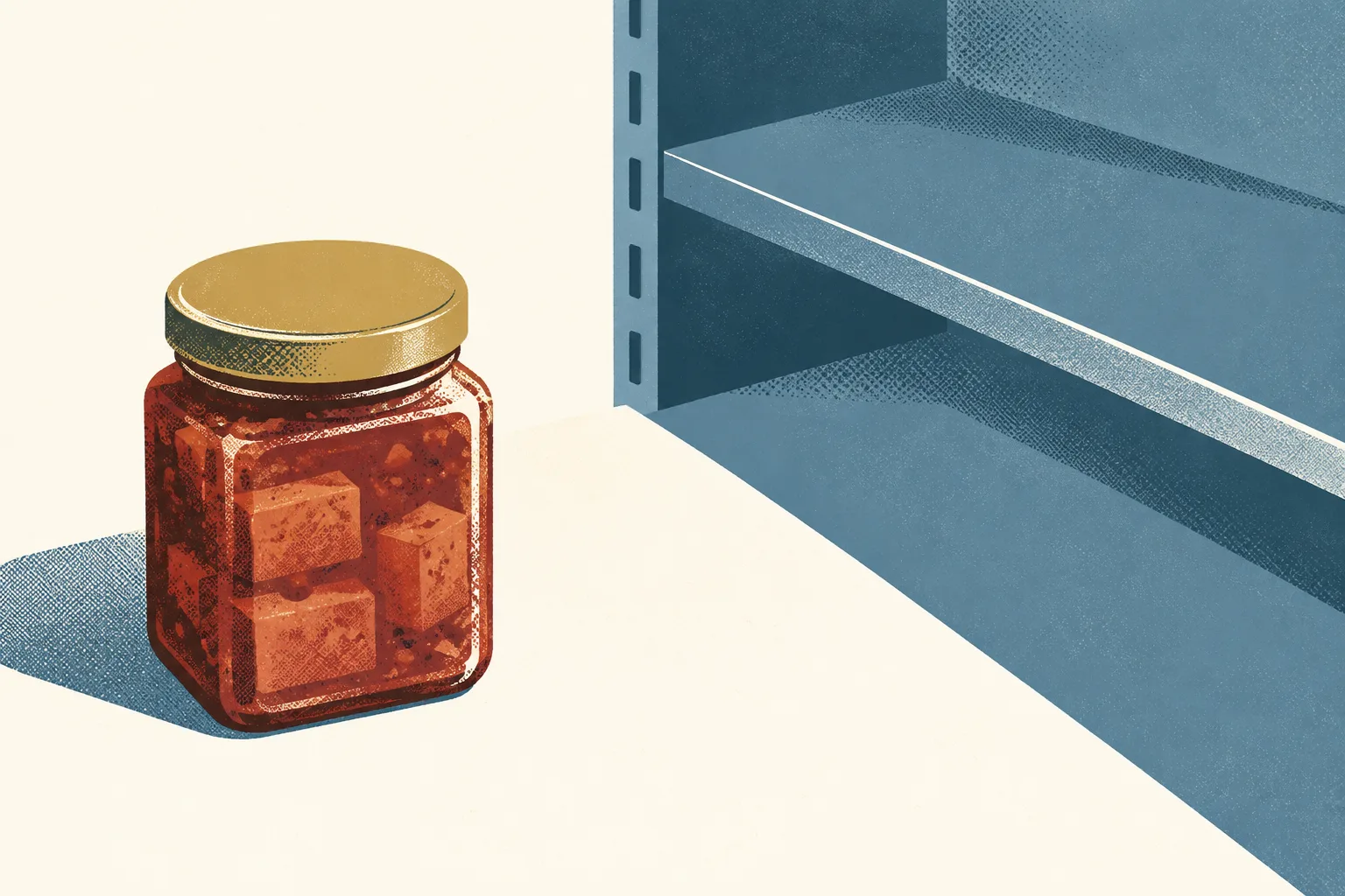 A plain sealed jar of rose fermented bean curd sits beside an empty space on a simple cream shelf, illustrated in petrol blue, ochre and muted rust.