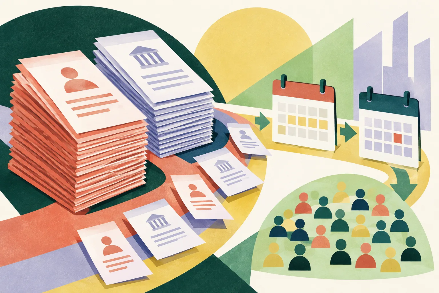 Colourful paper forms in two tidy groupings lead into a simple sequence of calendar-like tiles and a compact grid of abstract shapes.