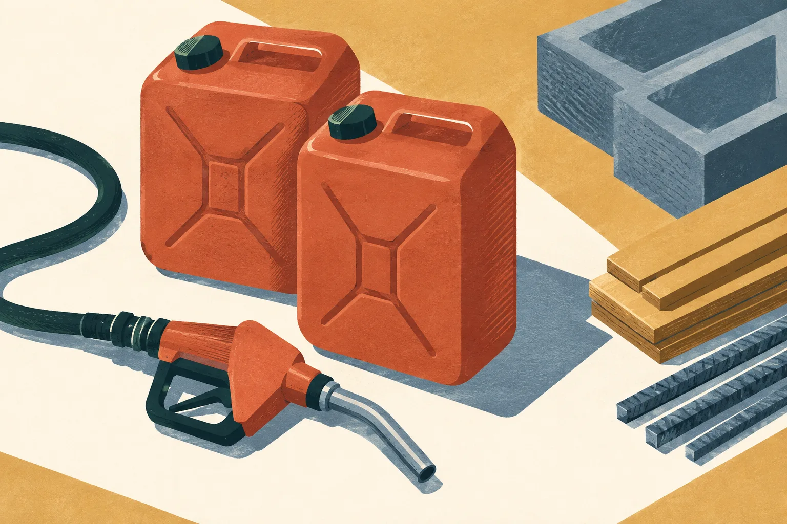 An overhead illustration of unbranded fuel containers and a coiled hose beside simple construction-material shapes on a cream ground, in terracotta, ochre and slate blue.